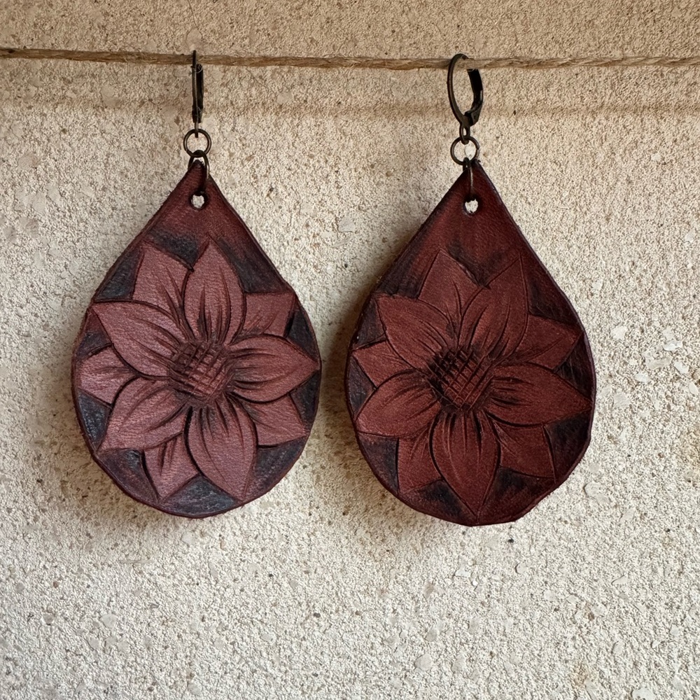 Handcrafted Floral Teardrop Leather Earrings in Dark Brown